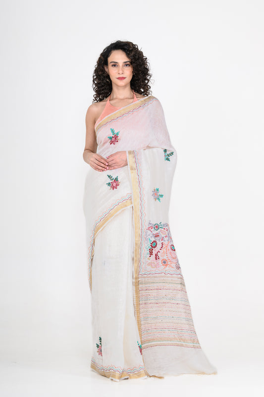 White Embroidered Pure Linen Saree with Tikki & Thread Work