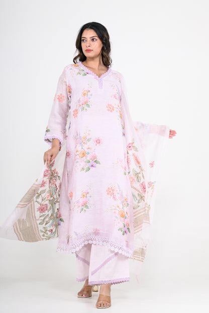 Lavender Purple Pure Linen Printed Kurta Set with Katha Work