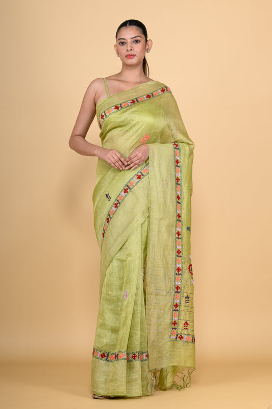Leaf Green Pure Linen Saree with Thread Work
