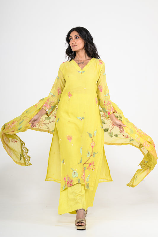 Sunshine Yellow Pure Mulmul Kurta Set & Dupatta with Katha Work