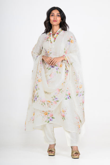 Pure Linen Printed Kurta Set with Resham & Tikki Highlights