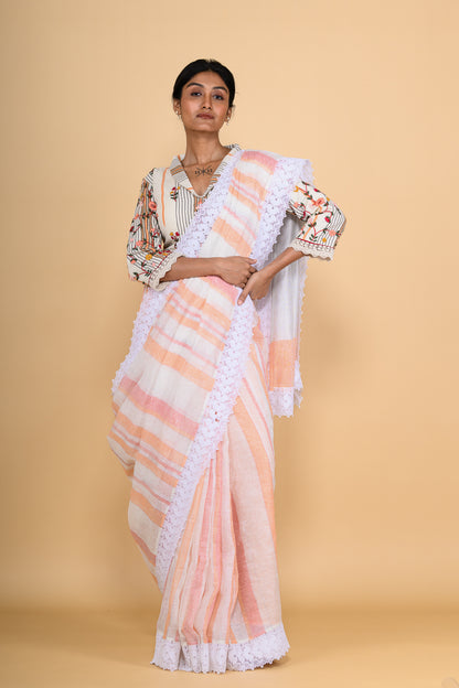 Peach Handwoven Jute Linen Saree