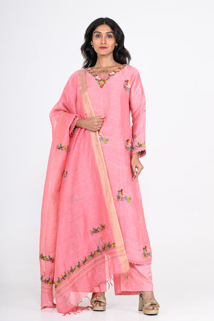 Pink Thread Embroidered Pure Linen Kurta Set & Dupatta