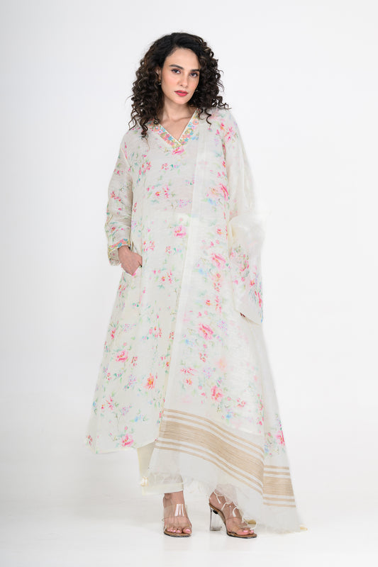 Floral Printed Pure Linen Off White Kurta Set with 3D Embroidery