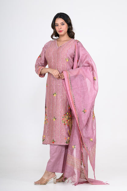 Mauve Purple Handprinted Kurta Set with Katha & Tikki Highlight