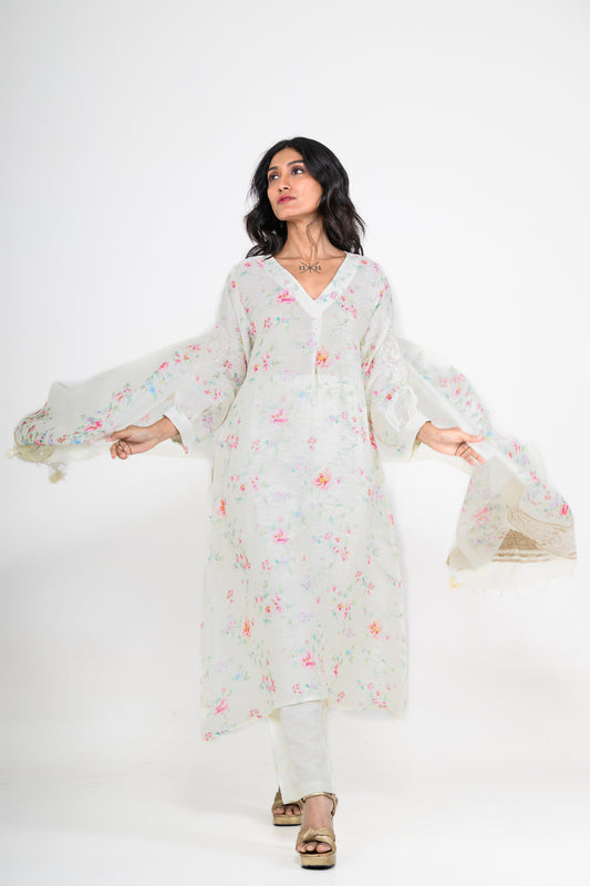 Floral Printed Pure Linen Off White Kurta Set with Dupatta