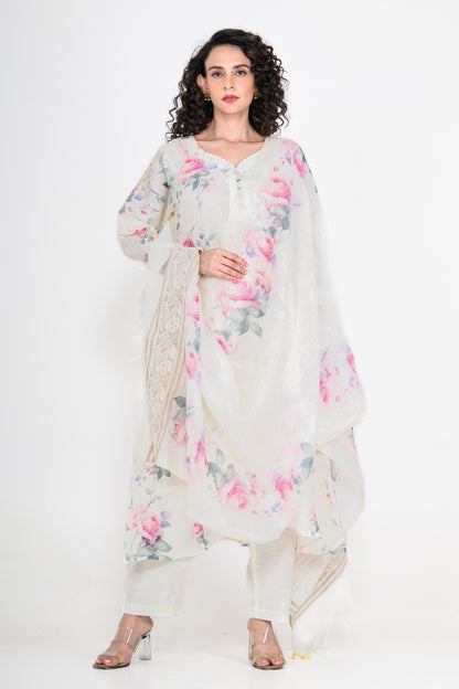 Pure Linen Off White Kurta Set with Dupatta
