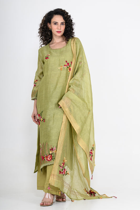 Leaf Green Thread Embroidered Pure Linen Kurta Set & Dupatta