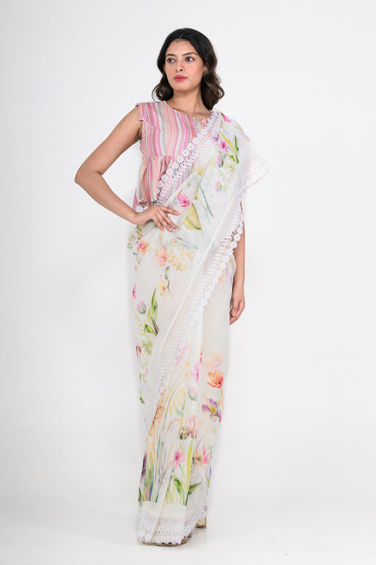 Floral Printed Off White Pure Linen Saree with Lace Work