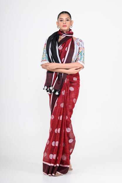 Red Pure Linen Polka Dot Handwoven Saree
