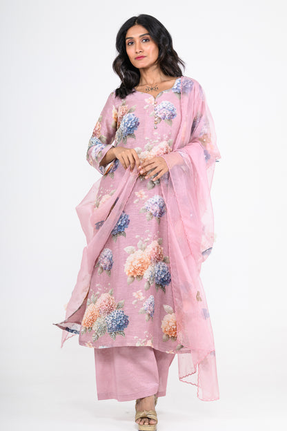 Mauve Purple Printed Linen Kurta Set with Tikki & Cutdana Highlight