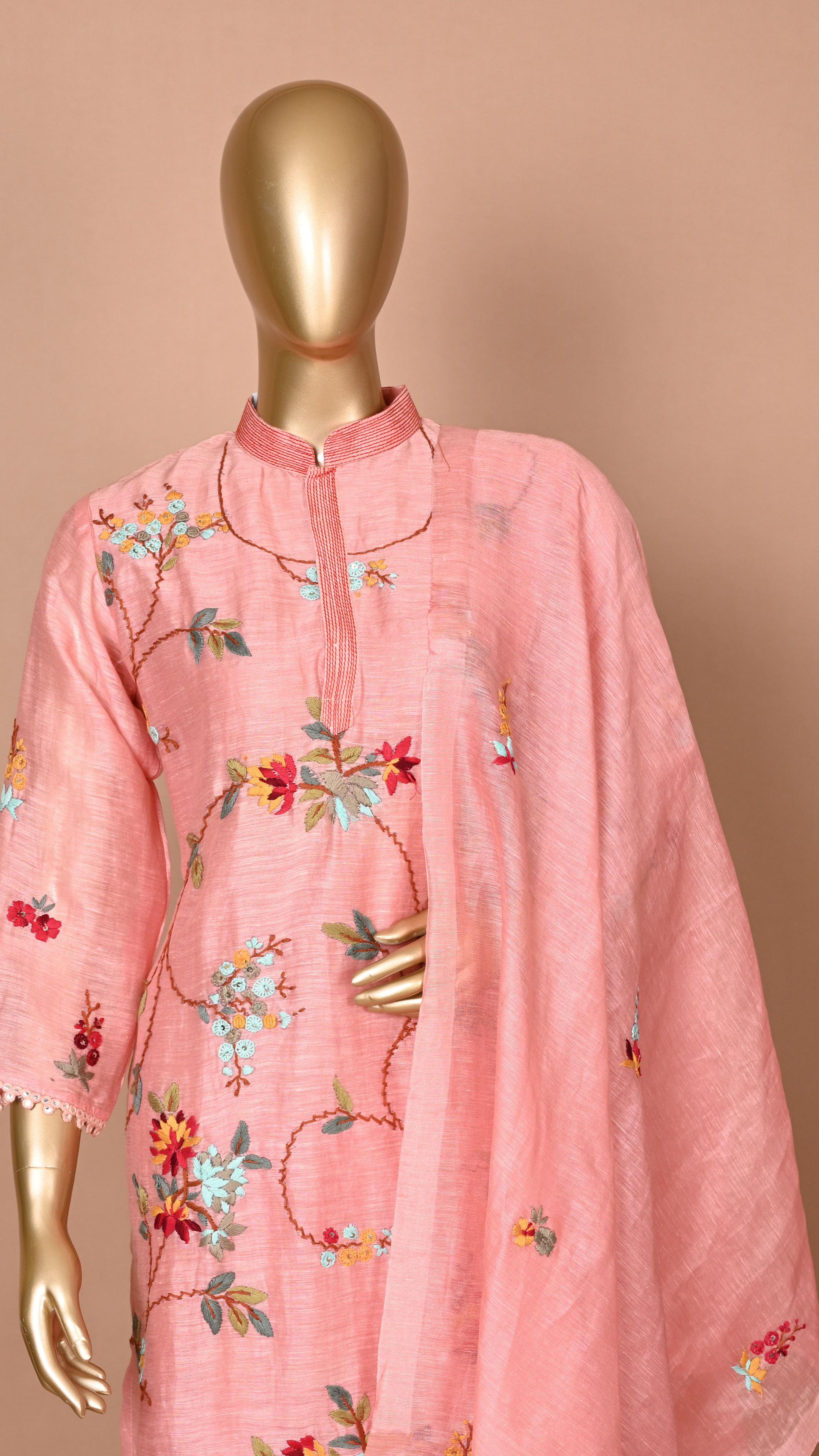 Maya Peach Pink Floral Threadwork Linen Salwar Suit Set