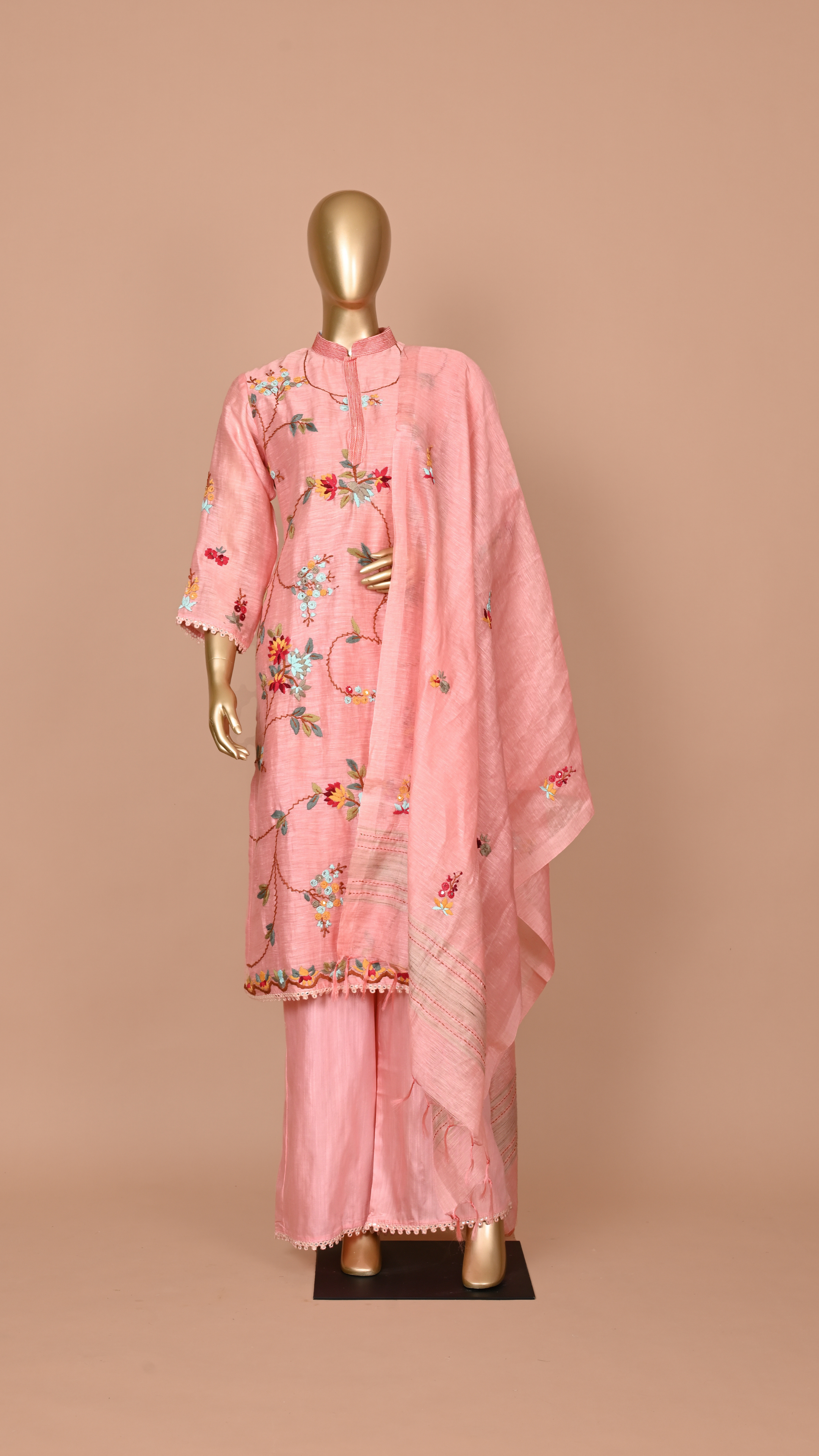 Maya Peach Pink Floral Threadwork Linen Salwar Suit Set