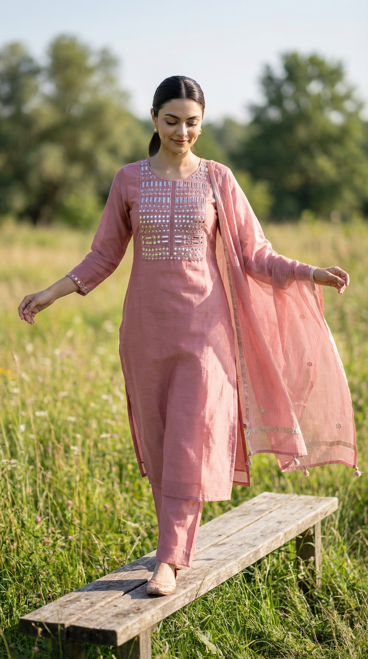 Peach Pink Mirror Work Embroidery Mul Mul Suit Set