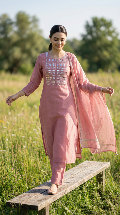 Peach Pink Mirror Work Embroidery Mul Mul Suit Set