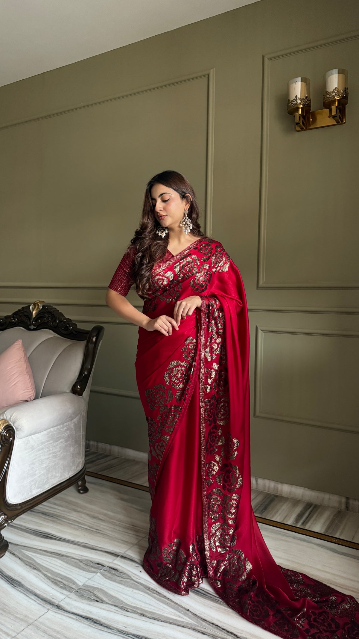Rich Magenta Red Satin silk Saree With Blouse