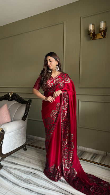 Rich Magenta Red Satin silk Saree With Blouse