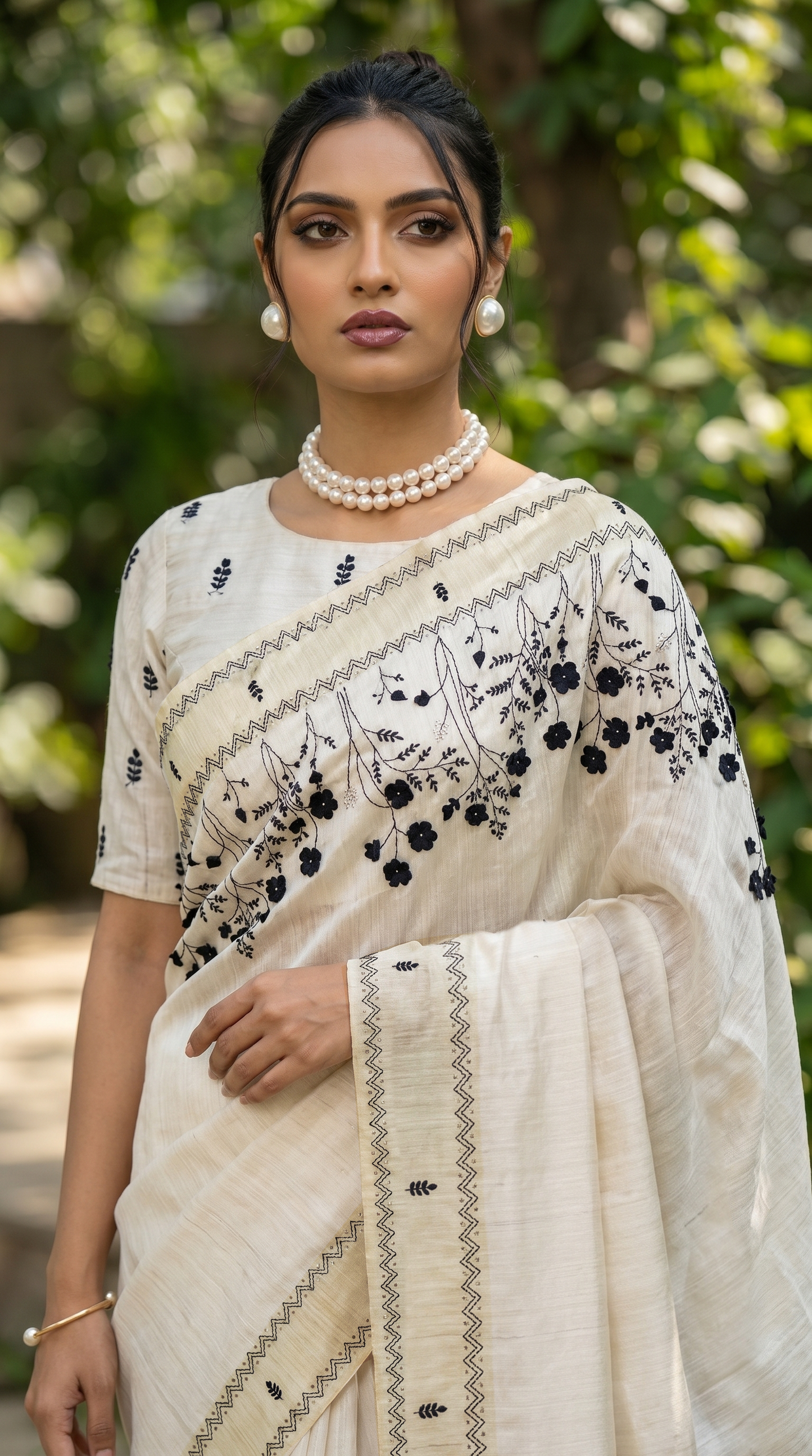 Ivory hand embroidered Tussar Silk Saree