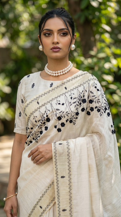 Ivory hand embroidered Tussar Silk Saree