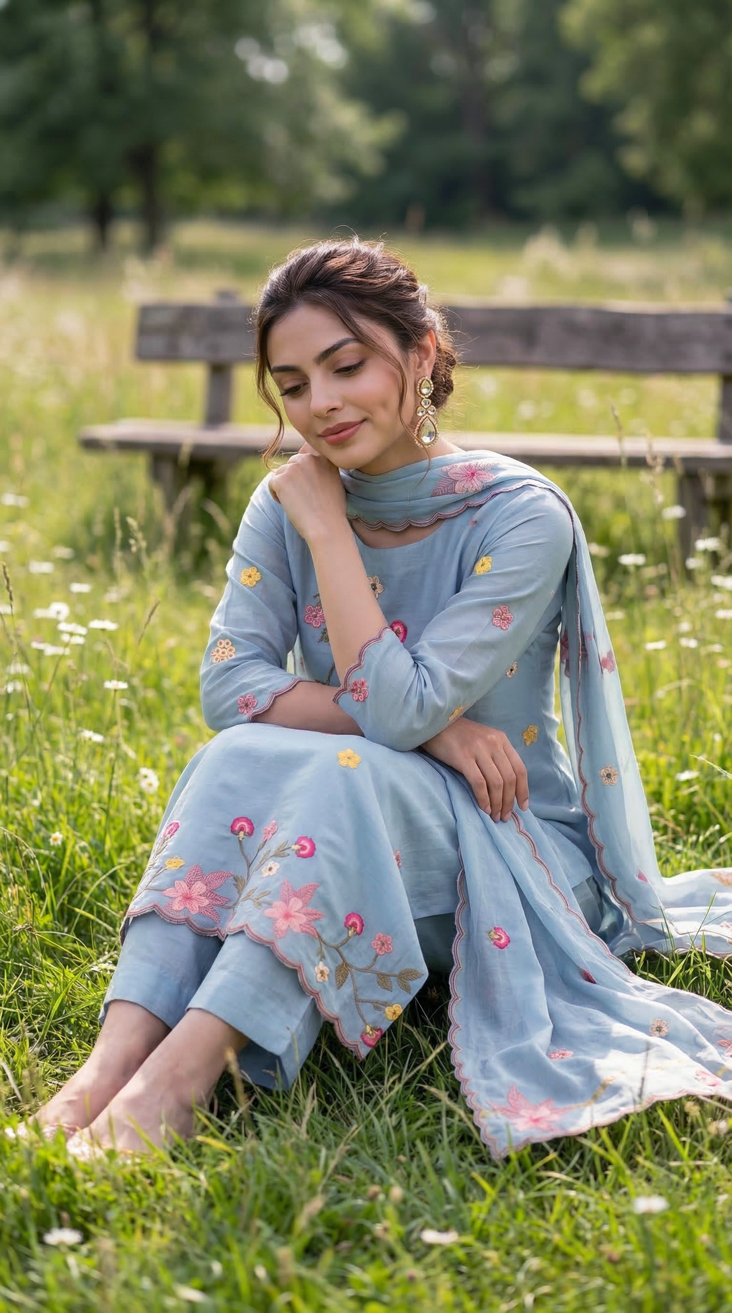 Powder Blue Resham 3D Embroidery Mul Mul Suit Set