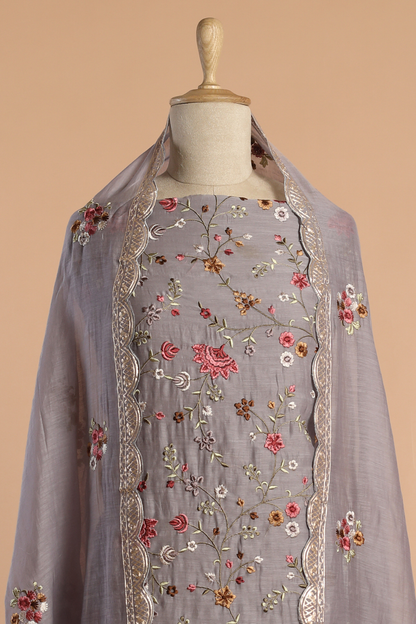 Grey Mul Parsi Embroidered Kurta Set with Pitta Work
