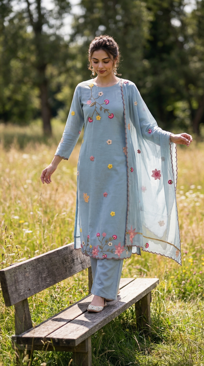 Powder Blue Resham 3D Embroidery Mul Mul Suit Set