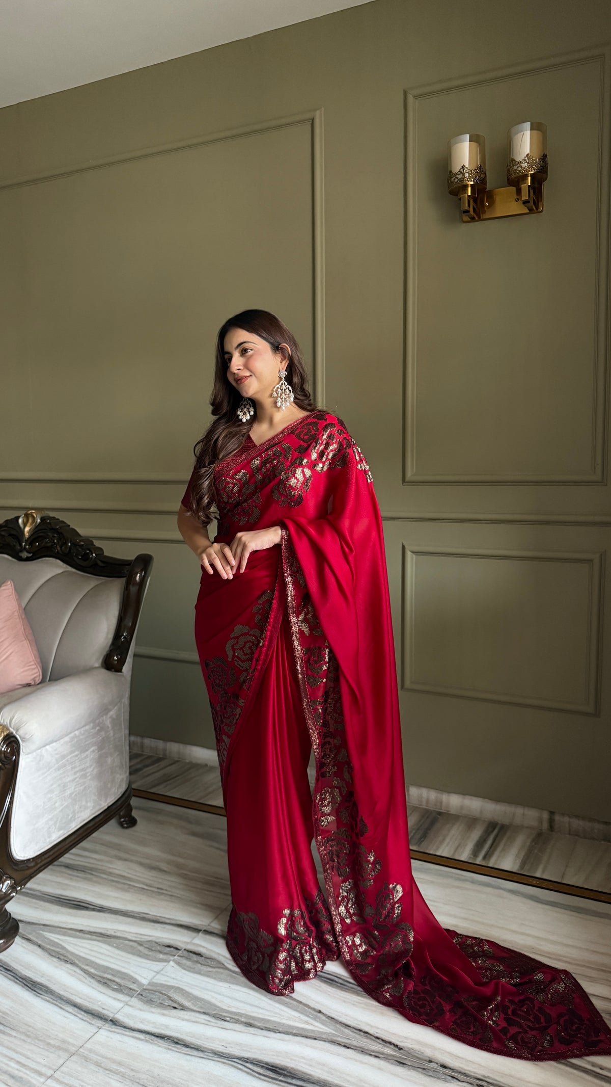 Rich Magenta Red Satin silk Saree With Blouse