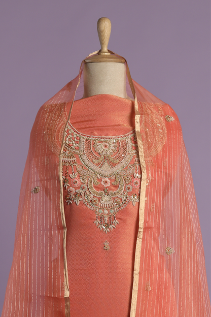 Rust Orange Zari Tissue Kurta Set with Textured Zardoshi Embroidery