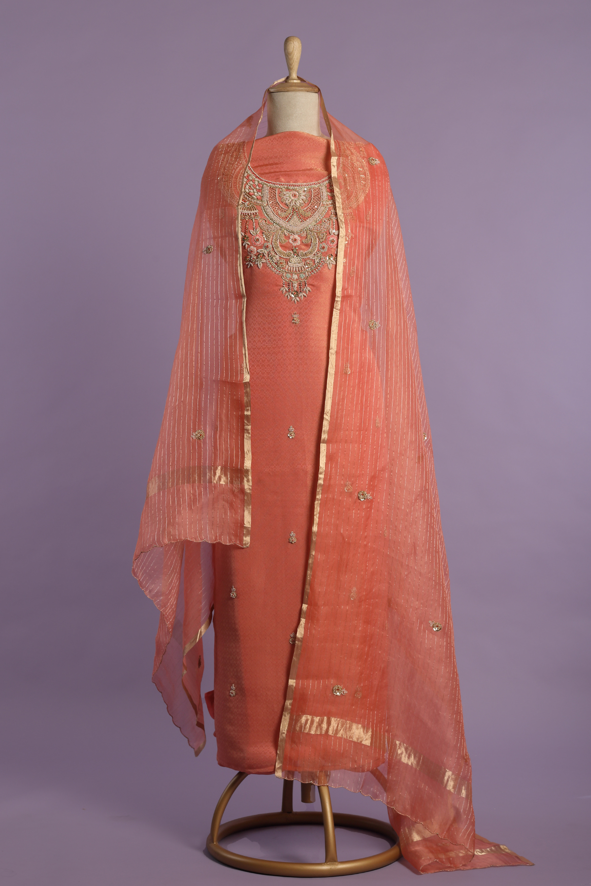 Rust Orange Zari Tissue Kurta Set with Textured Zardoshi Embroidery