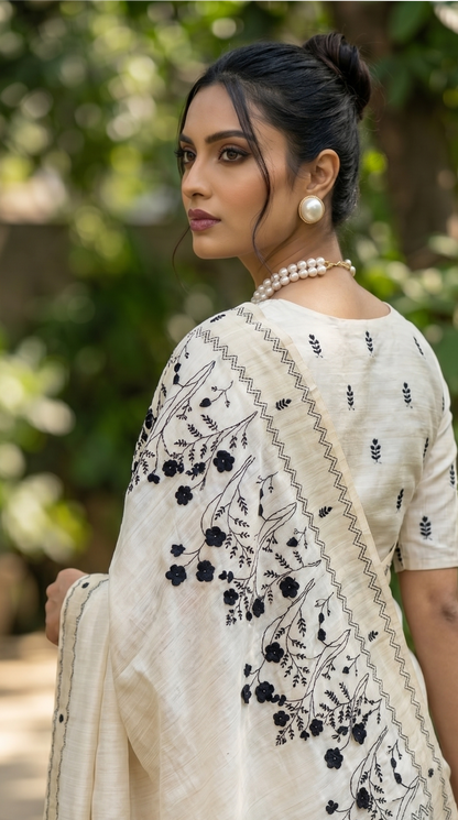 Ivory hand embroidered Tussar Silk Saree