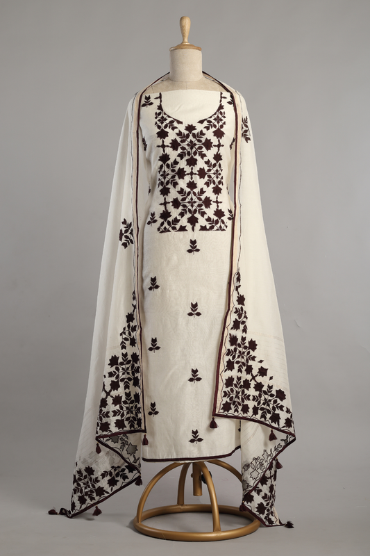 Pearl White & Brown Mul Kurta Set with Hand Applique