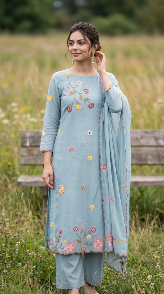 Powder Blue Resham 3D Embroidery Mul Mul Suit Set