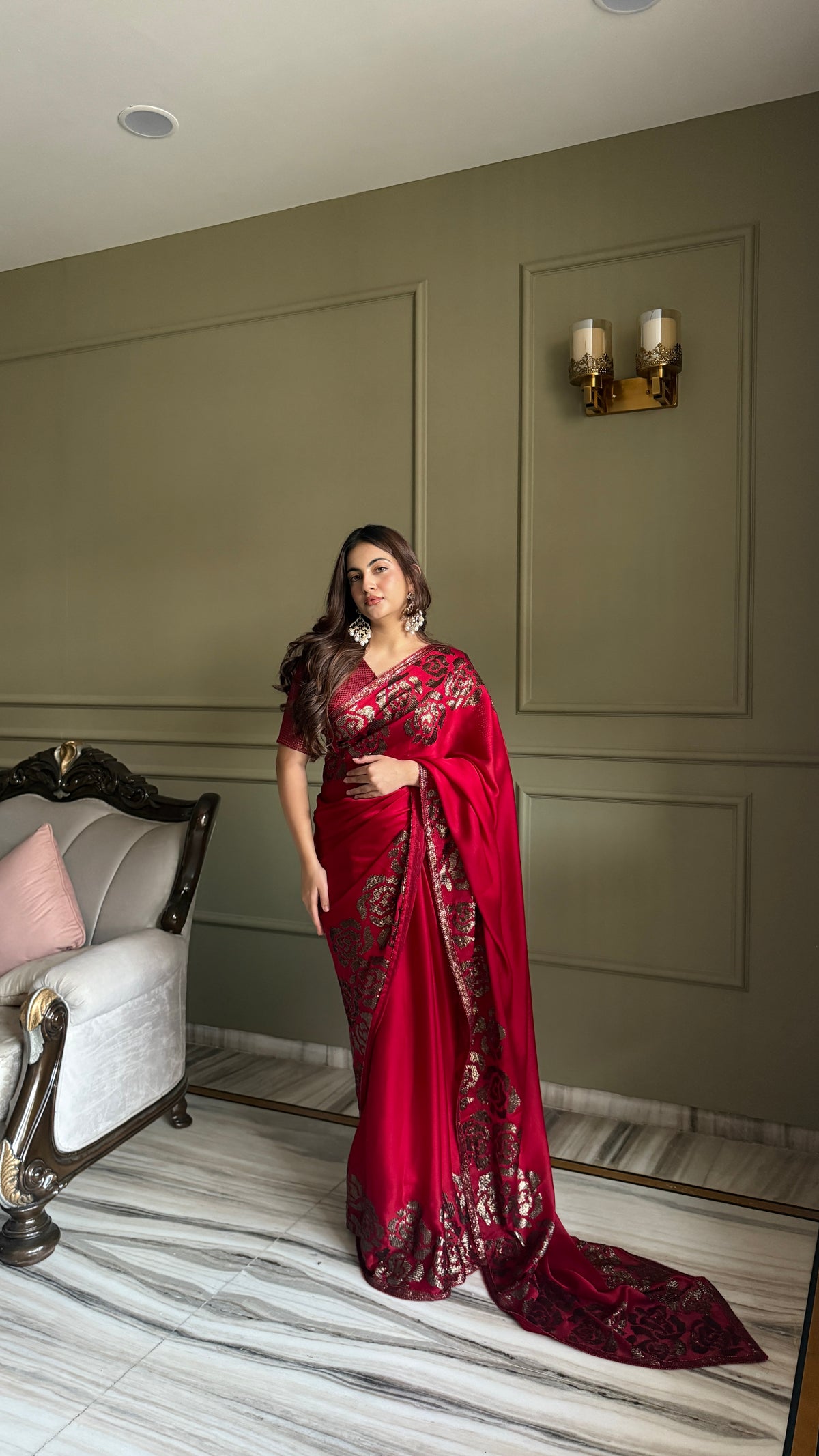 Rich Magenta Red Satin silk Saree With Blouse