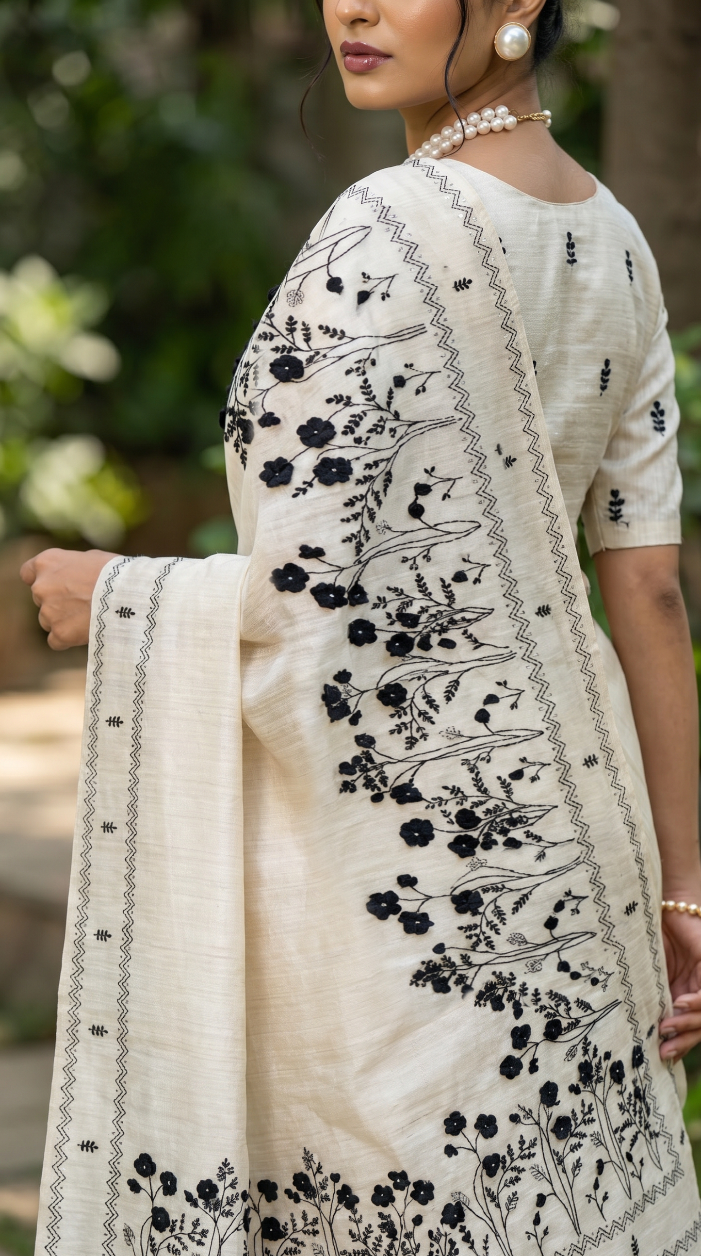 Ivory hand embroidered Tussar Silk Saree