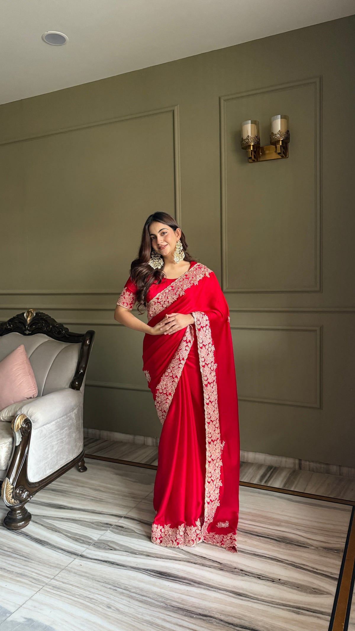 Red Satin Silk Saree With Blouse