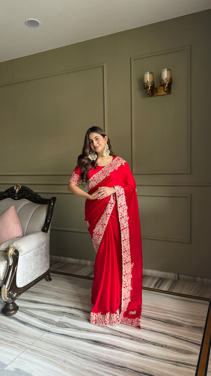 Red Satin Silk Saree With Blouse