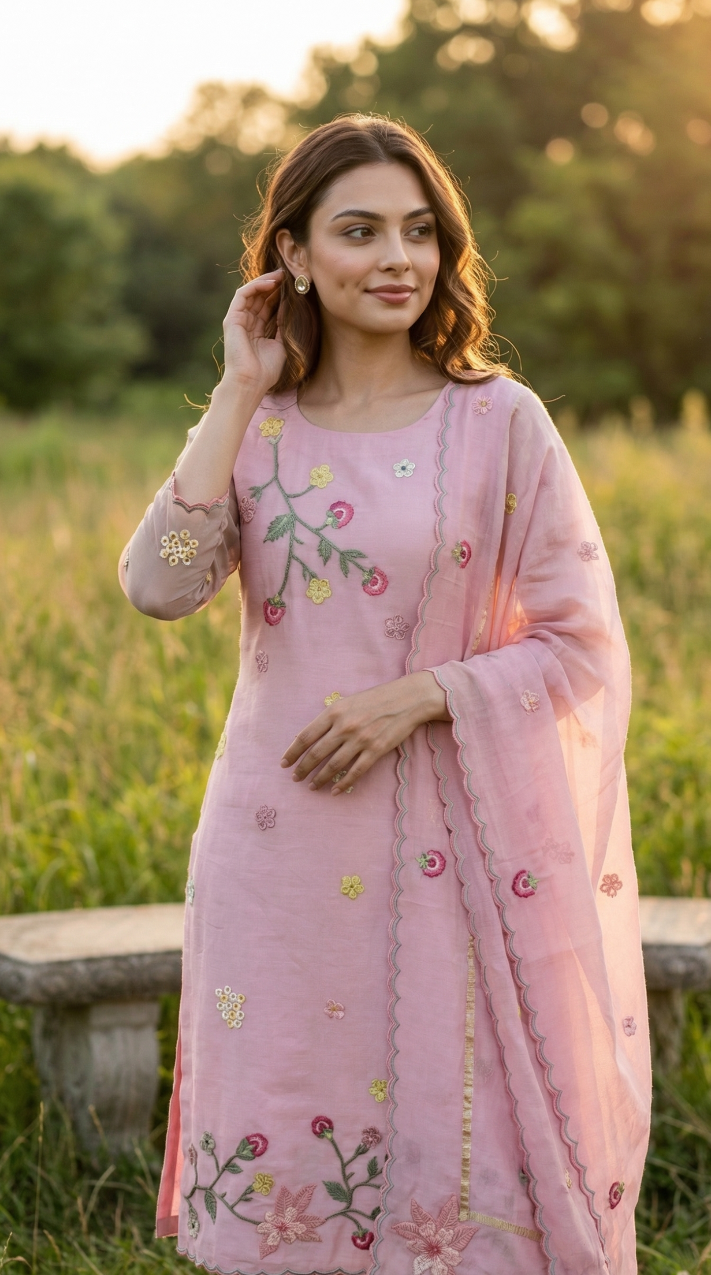 Light pink Resham 3D Embroidery Mul Mul Suit Set