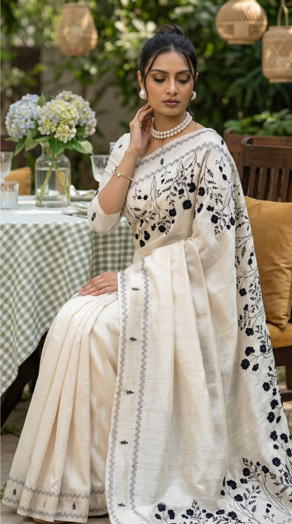 Ivory hand embroidered Tussar Silk Saree