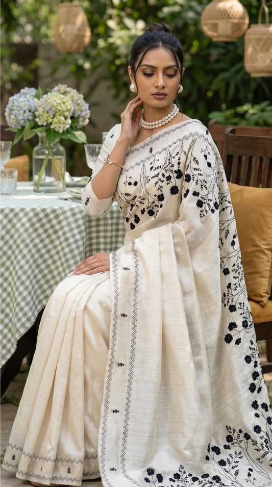 Ivory hand embroidered Tussar Silk Saree