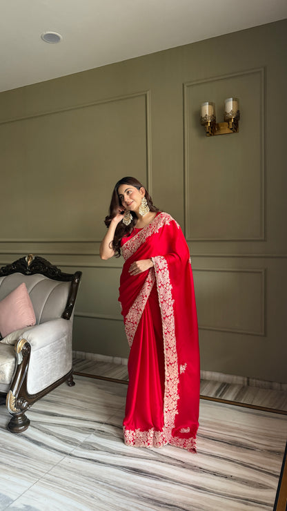 Red Satin Silk Saree With Blouse