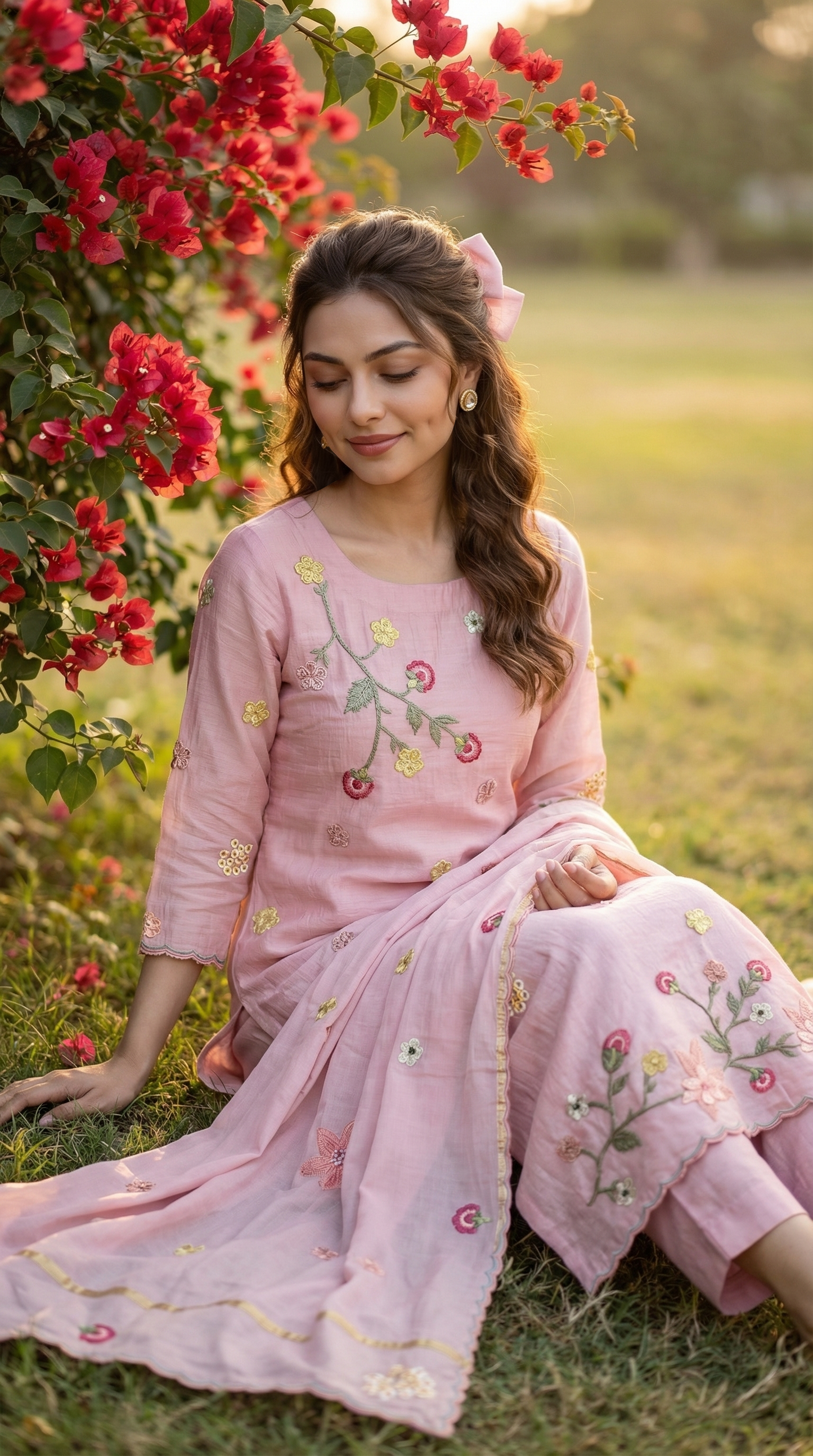 Light pink Resham 3D Embroidery Mul Mul Suit Set