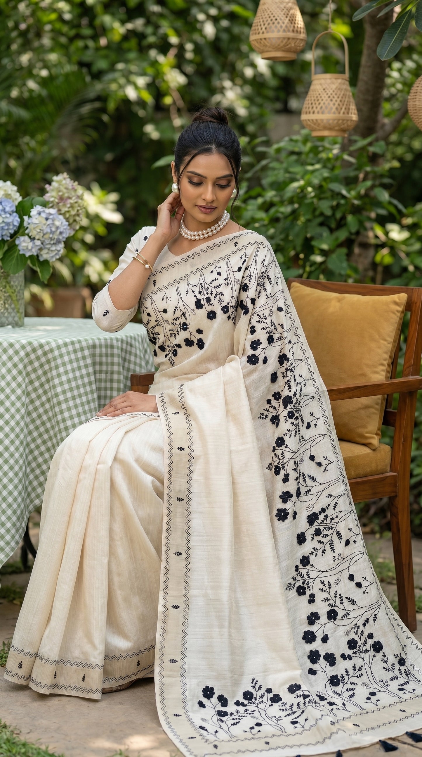 Ivory hand embroidered Tussar Silk Saree