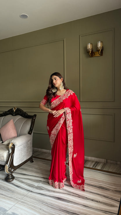 Red Satin Silk Saree With Blouse