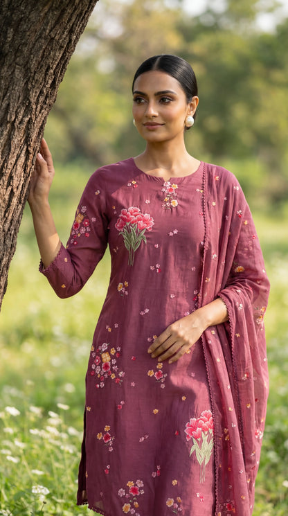 Mauve Purple Resham Embroidery Mul Mul Suit Set