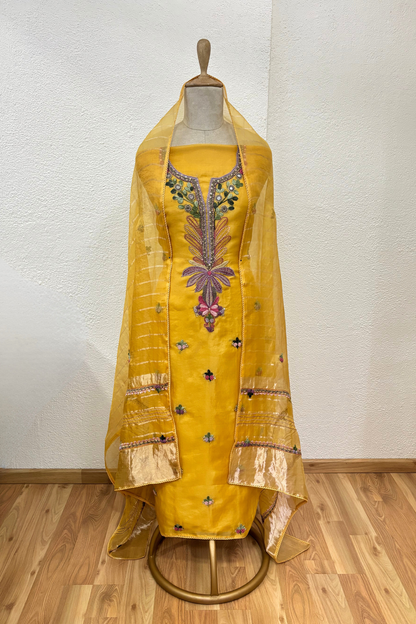 YELLOW ORGANZA SUIT WITH THREAD WORK