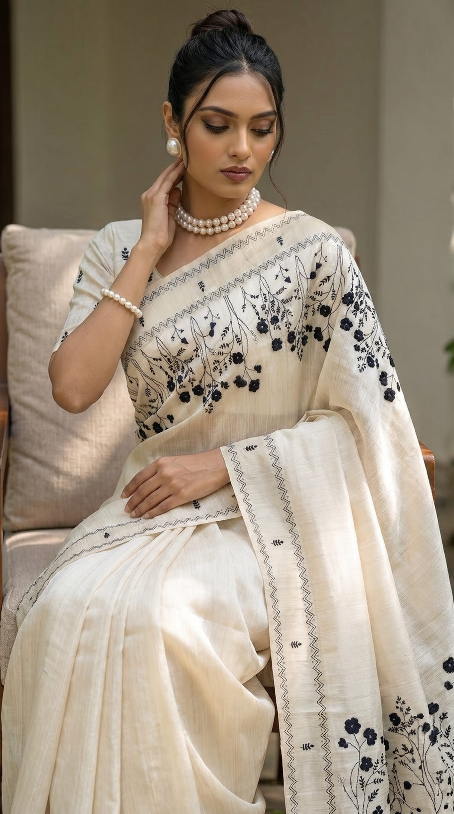 Ivory hand embroidered Tussar Silk Saree