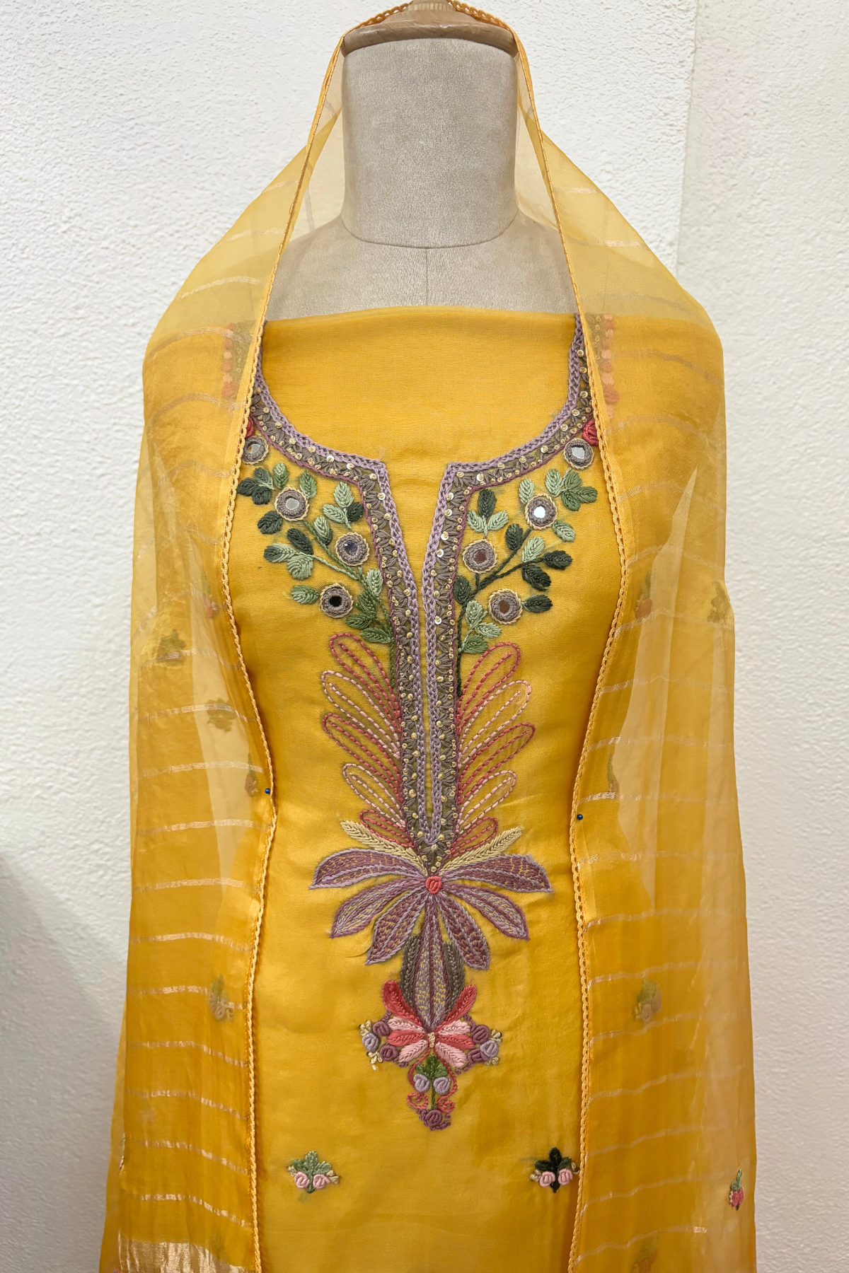 YELLOW ORGANZA SUIT WITH THREAD WORK