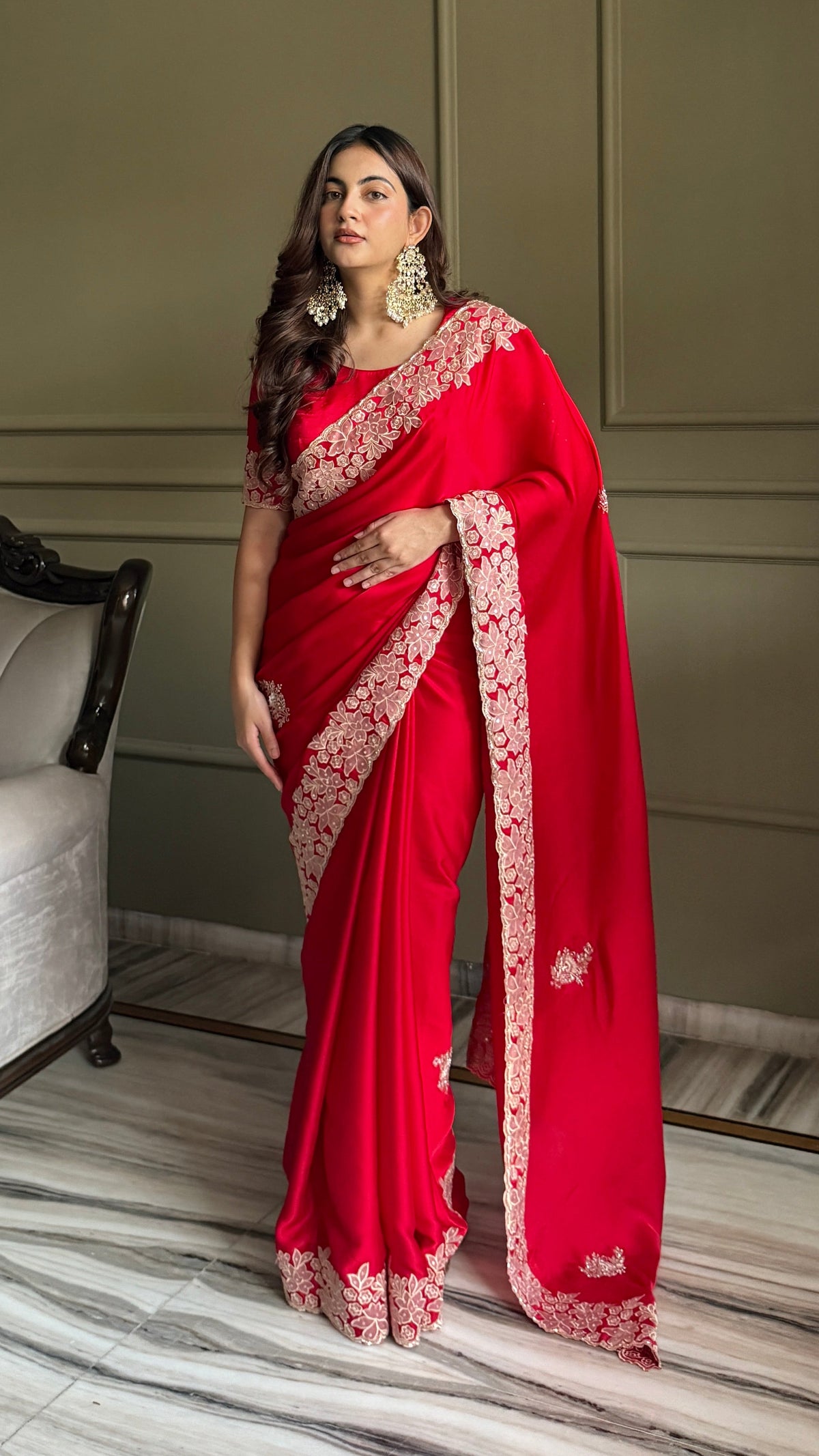 Red Satin Silk Saree With Blouse