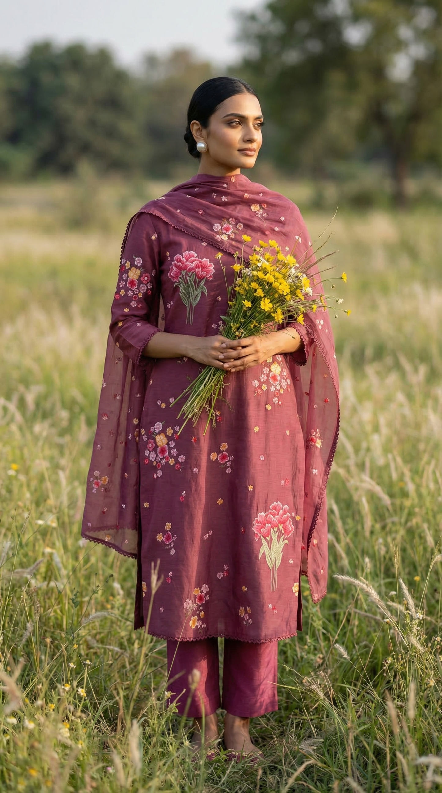 Mauve Purple Resham Embroidery Mul Mul Suit Set