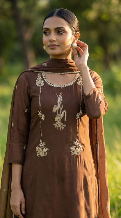 Mocha Brown Resham Embroidery Mul Mul Suit Set